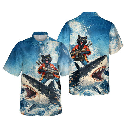 Front view of the blue matching family hawaiian shirt with shark design
