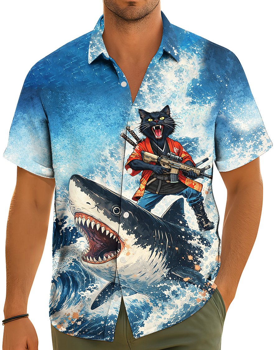 Lifestyle view of the family matching hawaiian shirts worn outdoors
