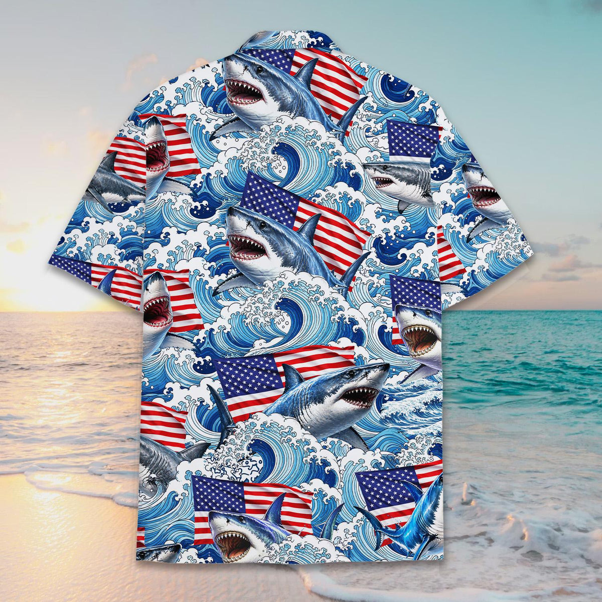 Back view of the USA flag and shark hawaiian shirt showing the continuous pattern