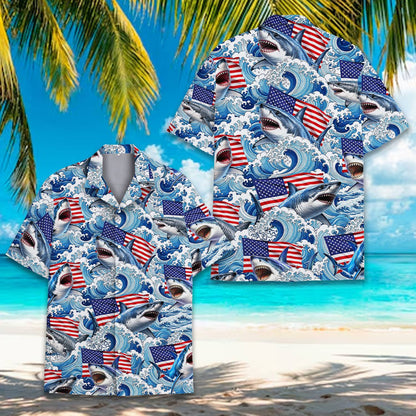 Detailed front view of the blue and red shark hawaiian shirt