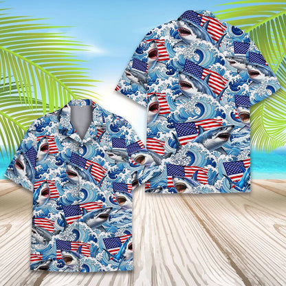 Front view of the adult shark and flag hawaiian shirt in blue, red, and white