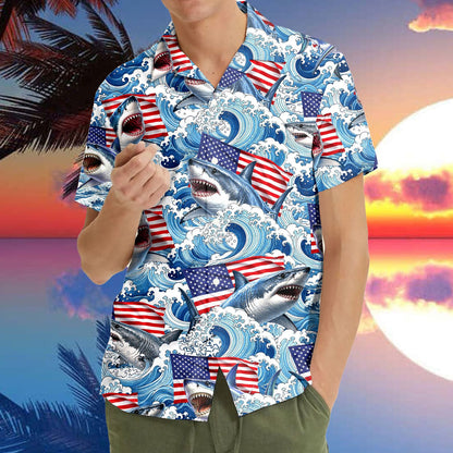 Third lifestyle view of the fourth of july hawaiian shirt