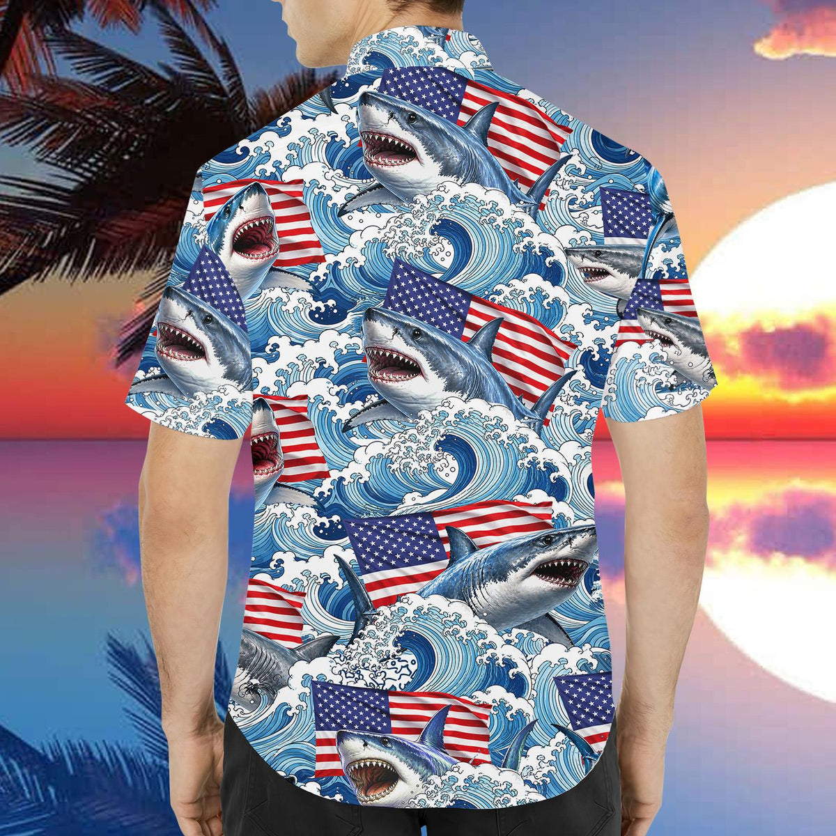 Lifestyle view of a person wearing the shark and usa flag hawaiian shirt outdoors
