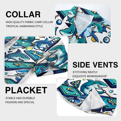 Close-up detail of the shark billiards hawaiian shirt fabric