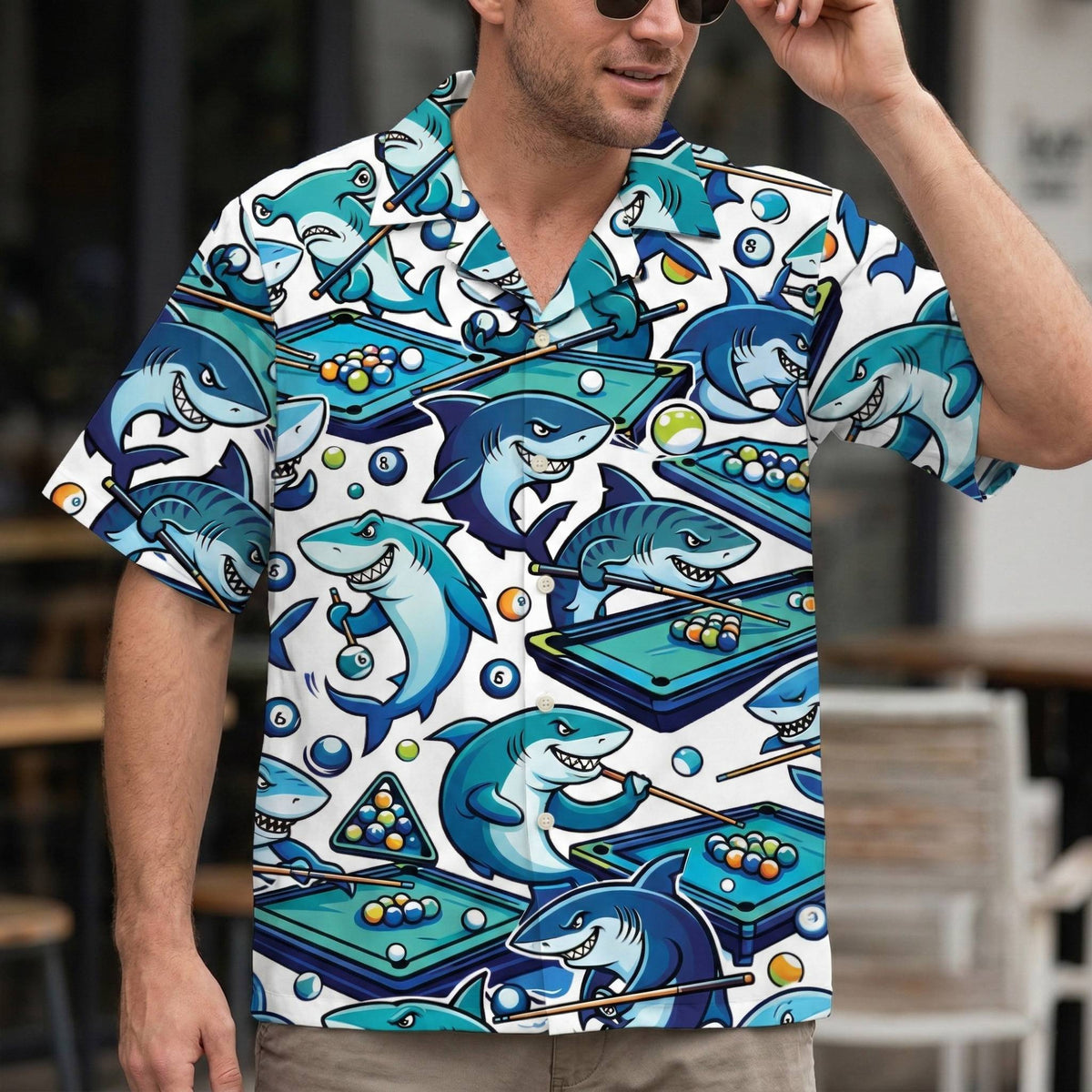 Lifestyle view of the matching family hawaiian shirts featuring a shark playing pool design