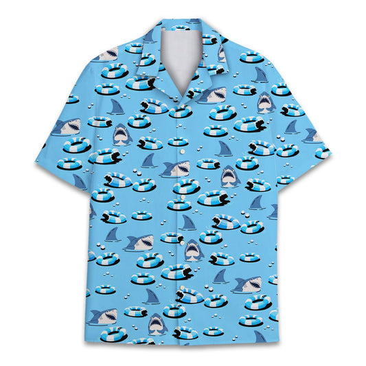 Matching family hawaiian shirt shark pattern on a light blue background, main front view