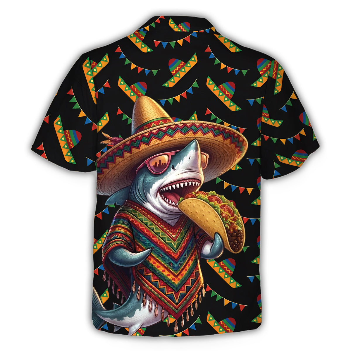 Shark Cinco de Mayo Hawaiian Shirt featuring a shark eating a taco on a black background, back view