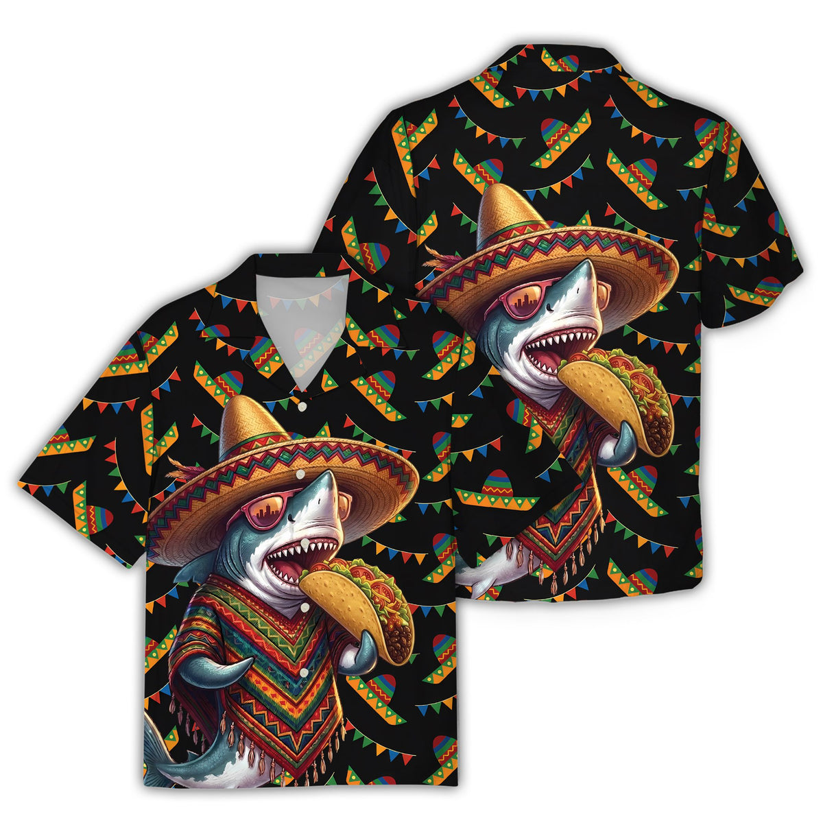 Shark Cinco de Mayo Hawaiian Shirt featuring a shark eating a taco on a black background, front view