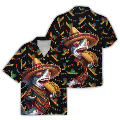 Shark Cinco de Mayo Hawaiian Shirt featuring a shark eating a taco on a black background, front view
