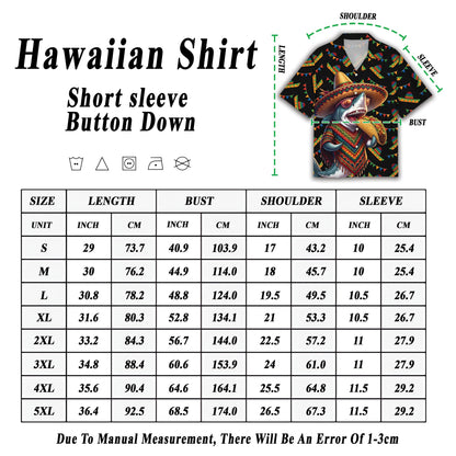 Shark Cinco de Mayo Hawaiian Shirt featuring a shark eating a taco on a black background, side view