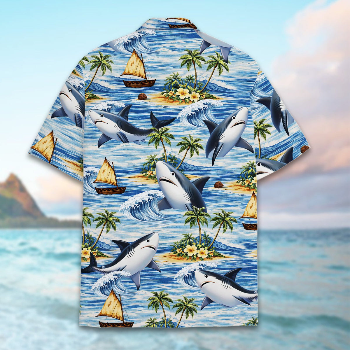 Alternate back view showing the vibrant all-over shark print