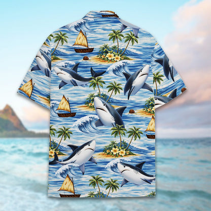 Alternate back view showing the vibrant all-over shark print