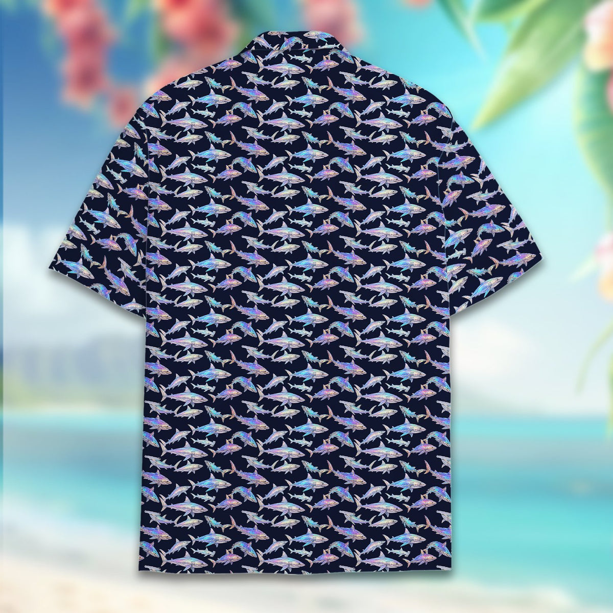 Navy shark print hawaiian shirt, alternate back view
