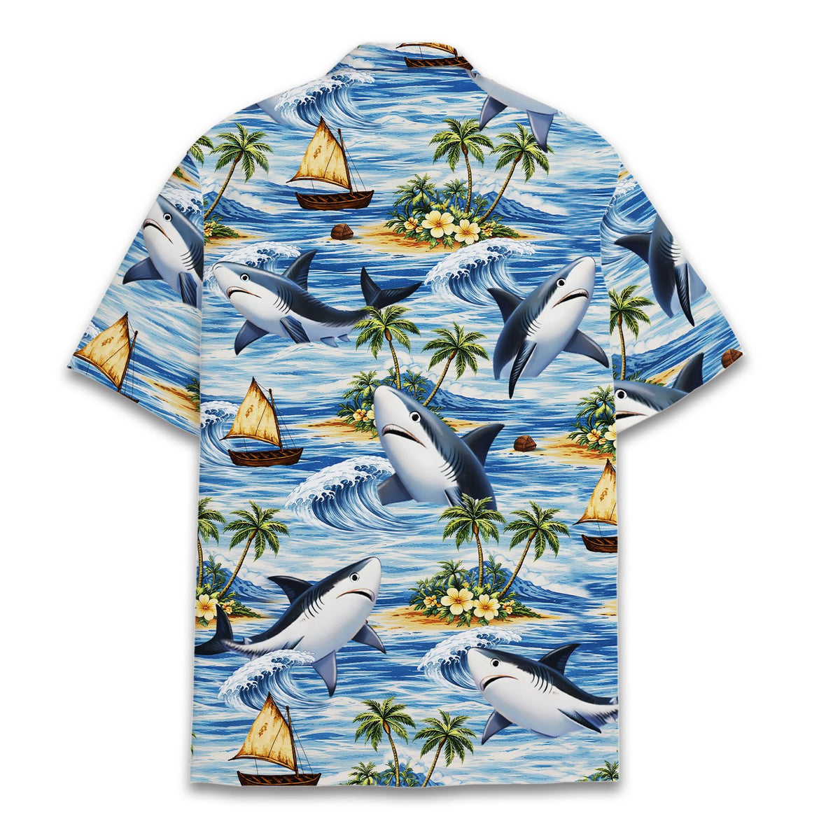 Back view of the blue hawaiian shark shirt