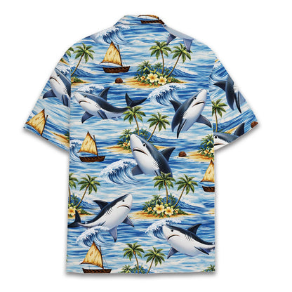 Back view of the blue hawaiian shark shirt