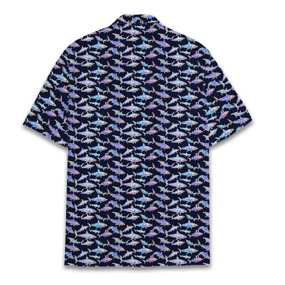 Navy shark print hawaiian shirt, back view