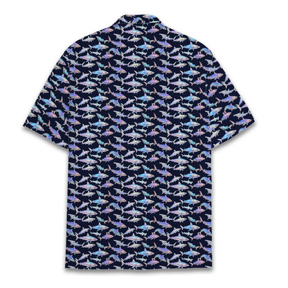 Navy shark print hawaiian shirt, back view