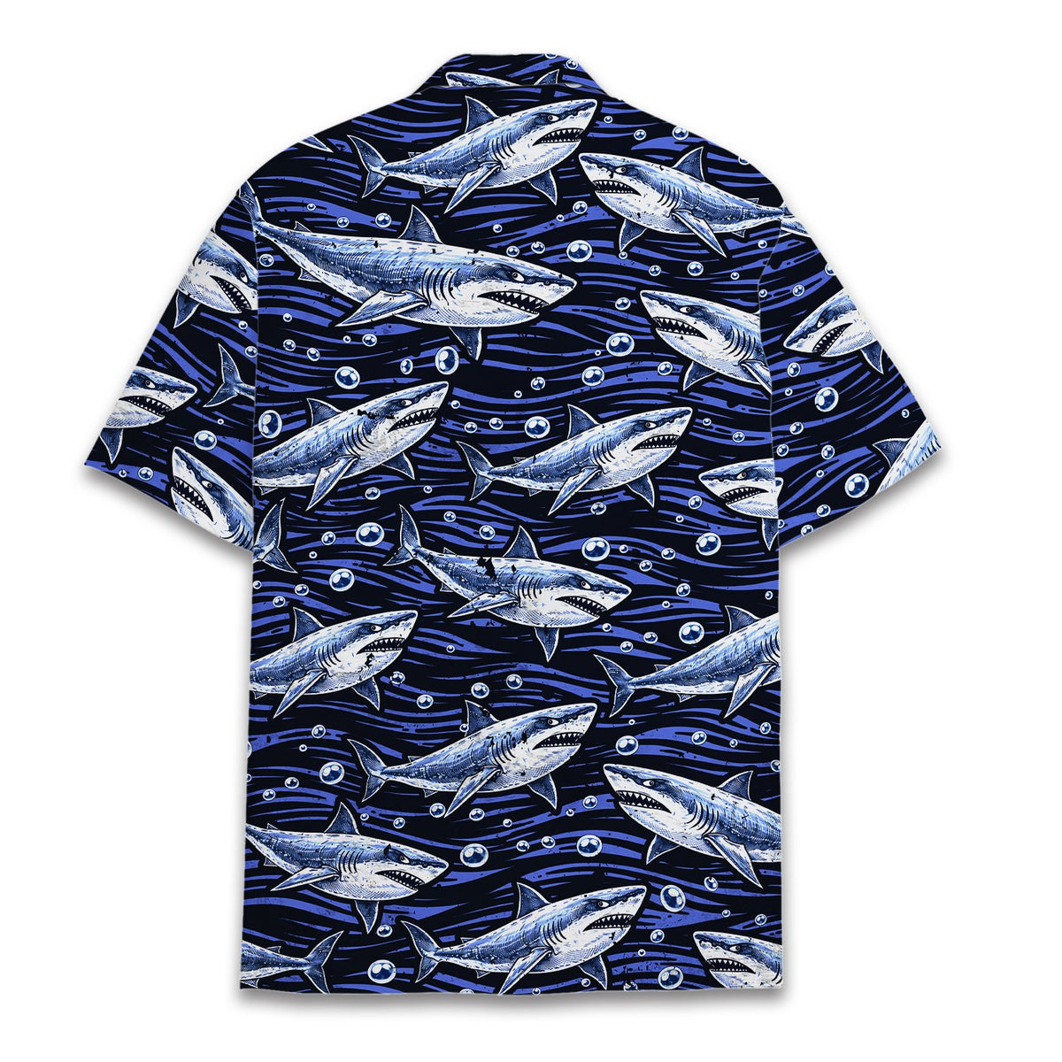 Navy shark hawaiian shirt with all-over bubble print, back view