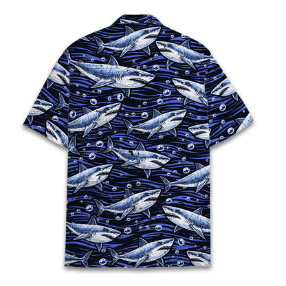 Navy shark hawaiian shirt with all-over bubble print, back view