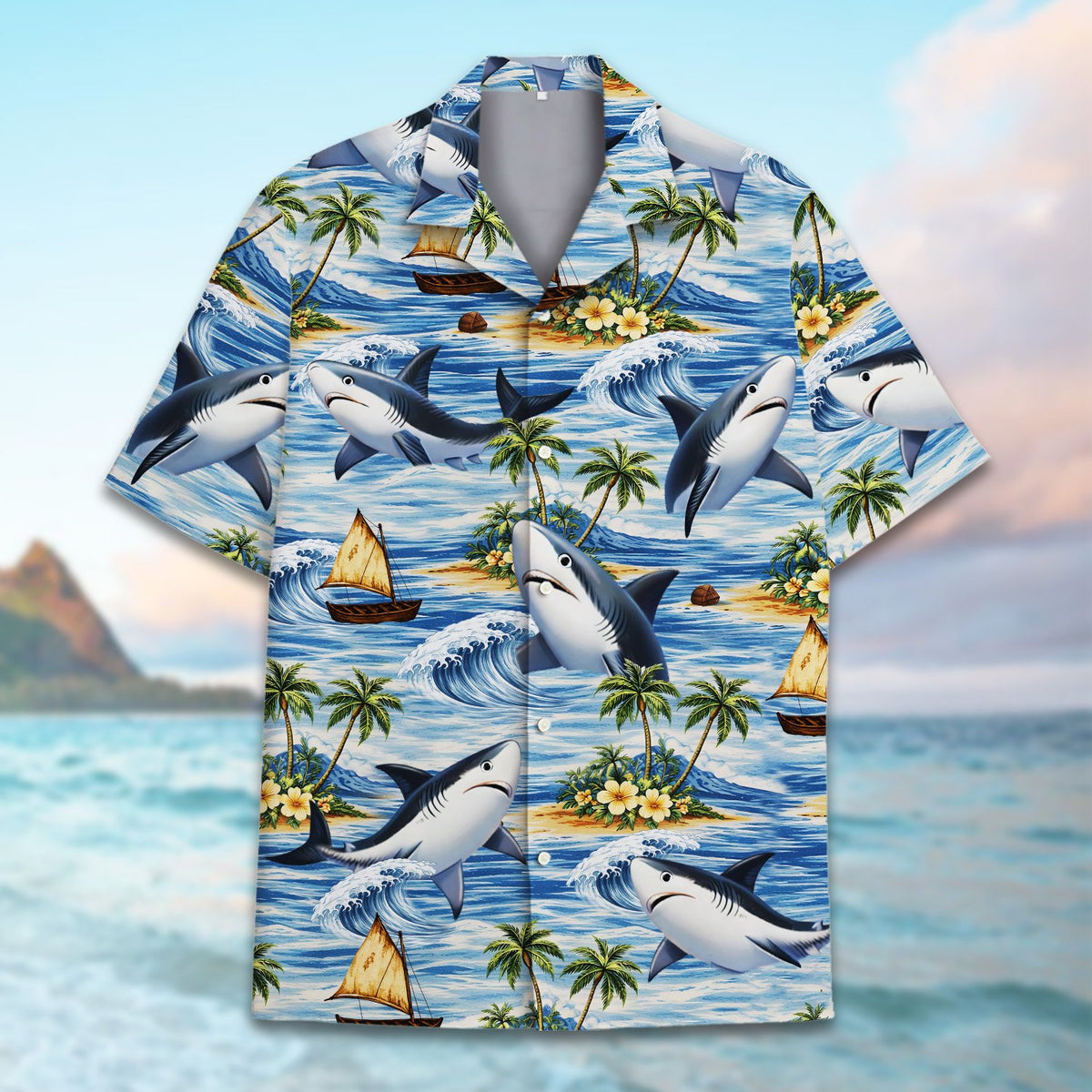 Alternate front view of the shark hawaiian shirt