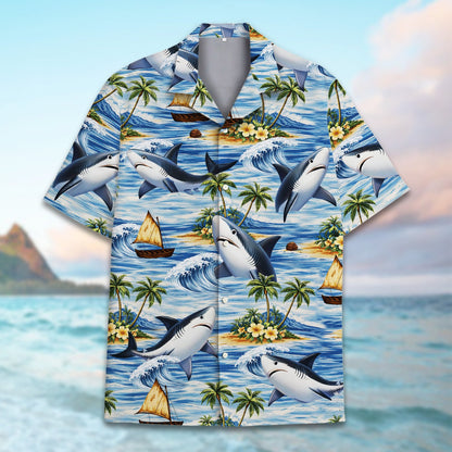 Alternate front view of the shark hawaiian shirt