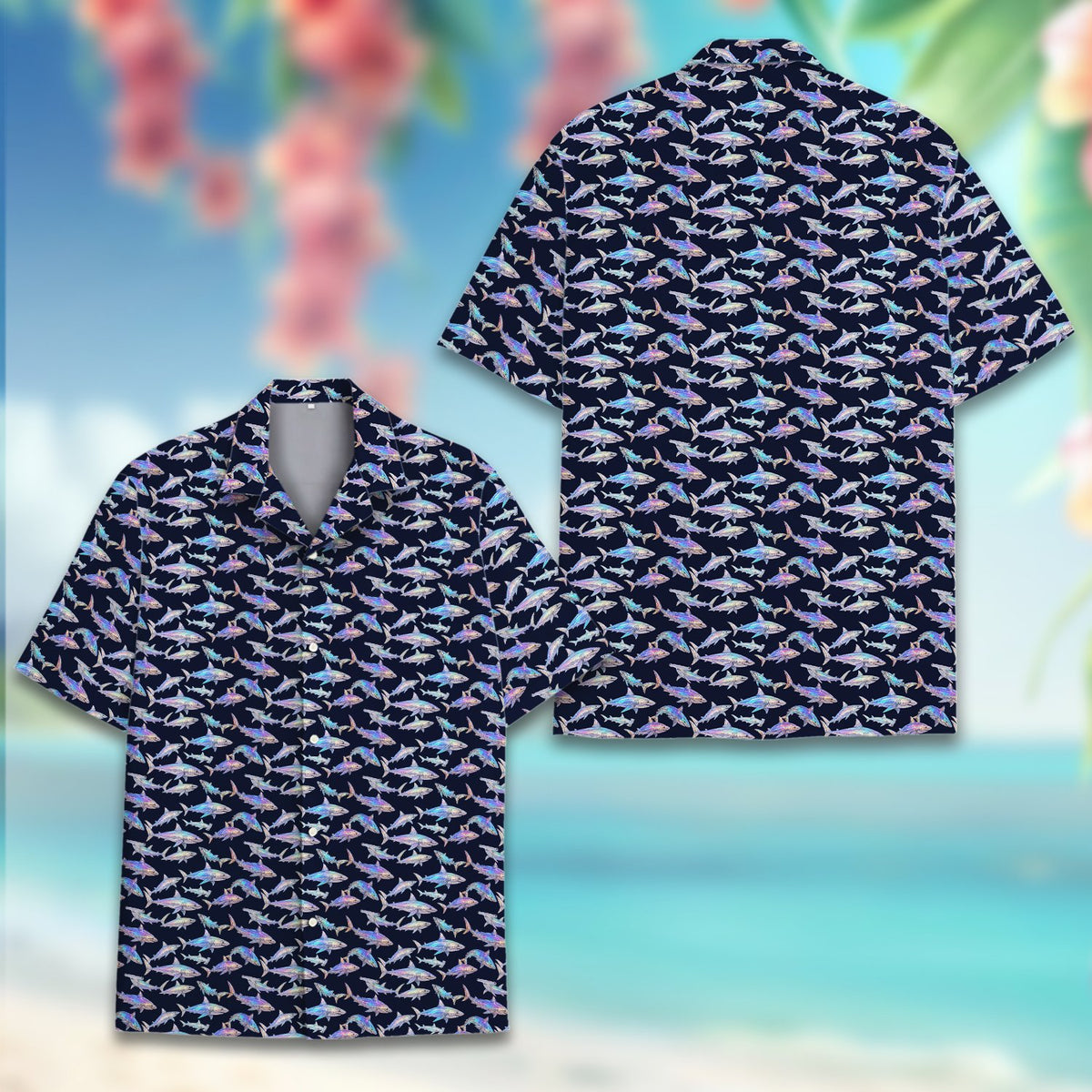 Navy shark print hawaiian shirt, alternate front view