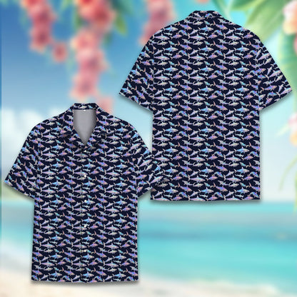 Navy shark print hawaiian shirt, alternate front view