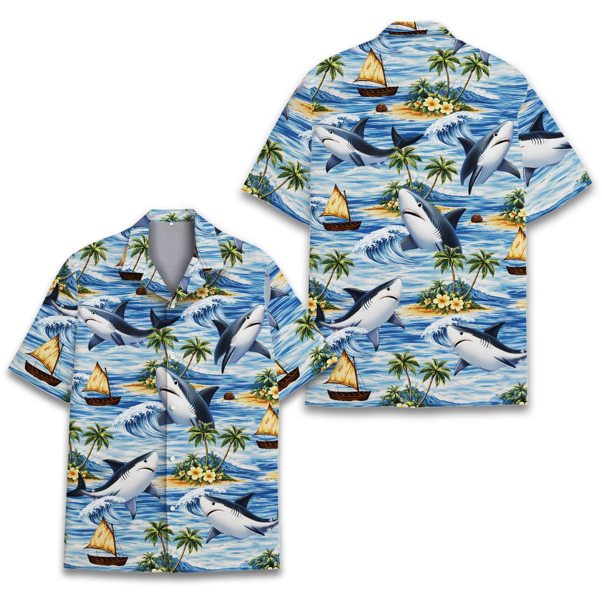 Close-up front view highlighting the palm trees and sailboat print