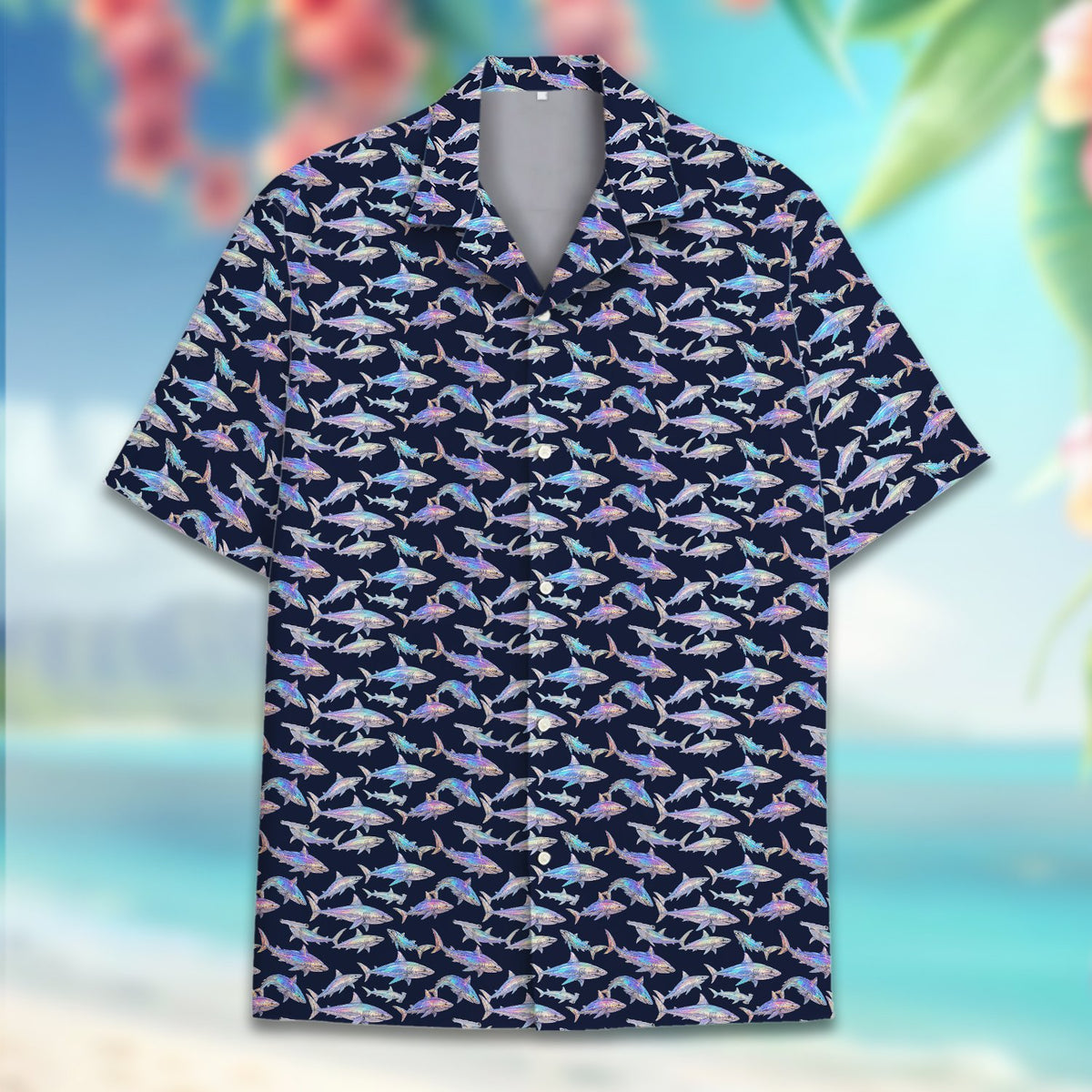 Navy shark print hawaiian shirt, close up front view
