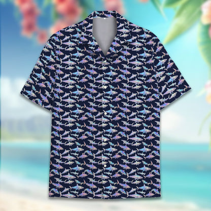 Navy shark print hawaiian shirt, close up front view