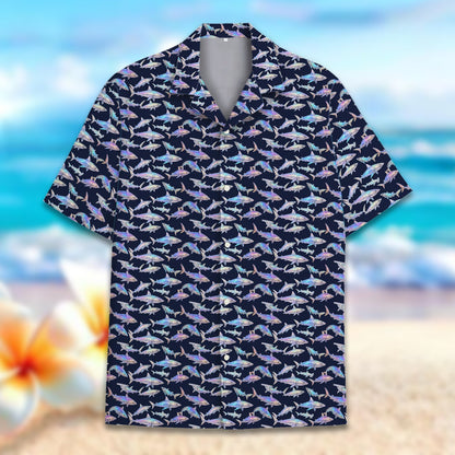 Navy shark print hawaiian shirt, another front view