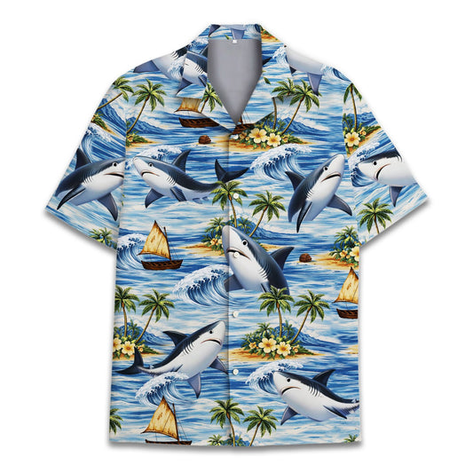 Main view of the blue hawaiian shark shirt featuring jumping sharks and ocean waves
