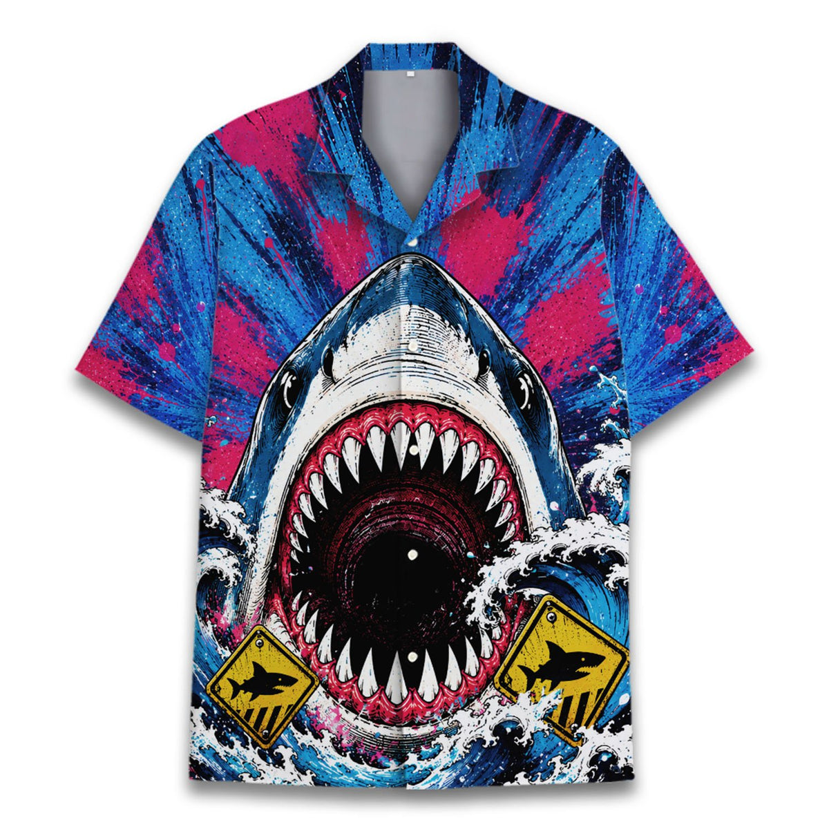 Main view of the shark hawaiian shirt featuring blue and pink splatter
