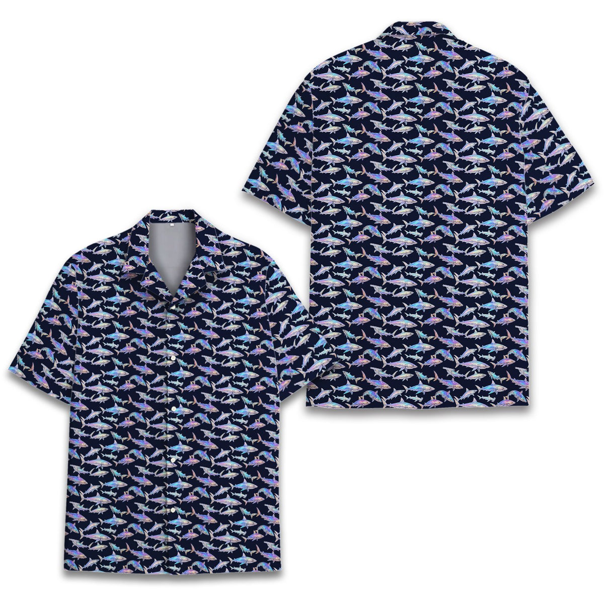 Navy shark print hawaiian shirt, front view
