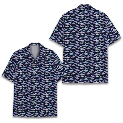 Navy shark print hawaiian shirt, front view