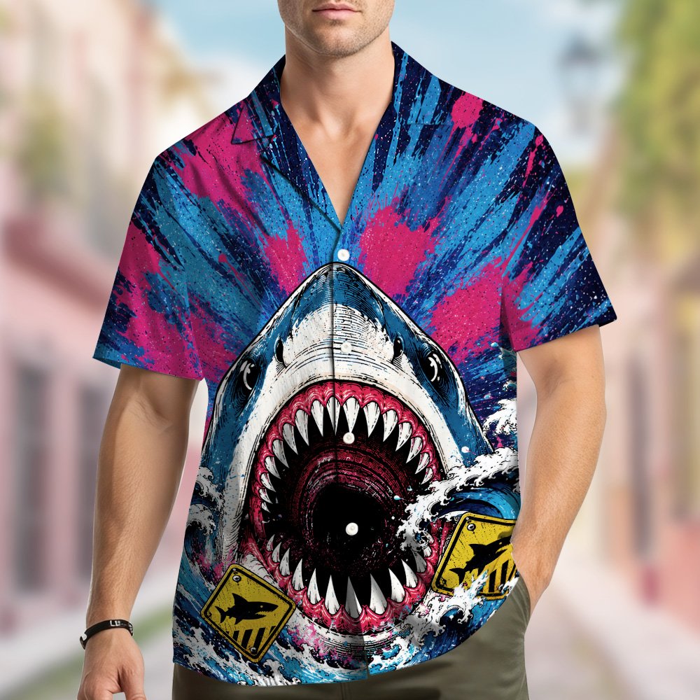 Second lifestyle view of the shark hawaiian shirt in a summer setting