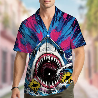 Second lifestyle view of the shark hawaiian shirt in a summer setting