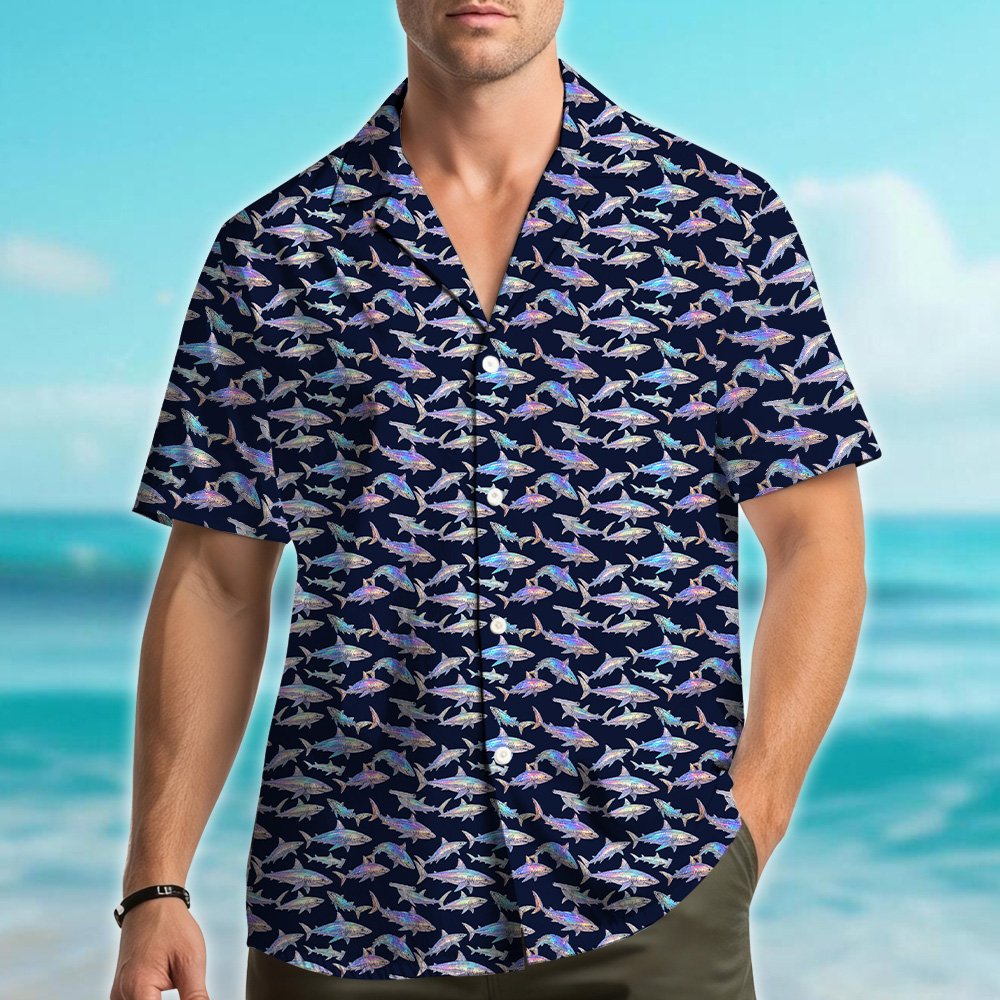 Second lifestyle view of the navy shark print hawaiian shirt being worn