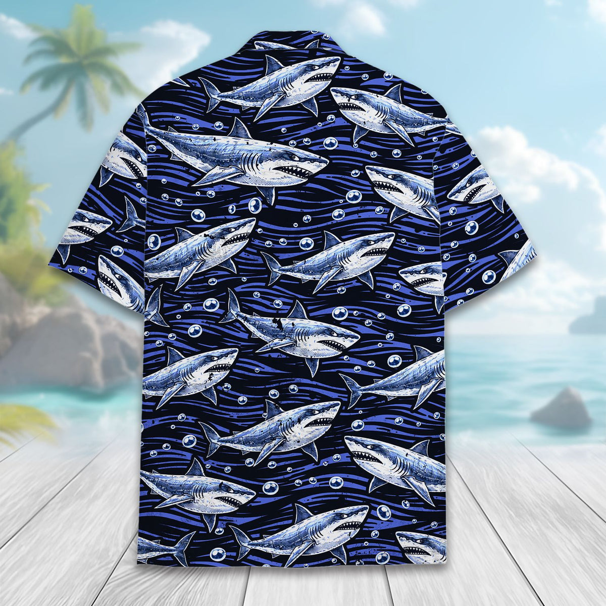 Matching family hawaiian shirts featuring a navy shark print, lifestyle outdoor view