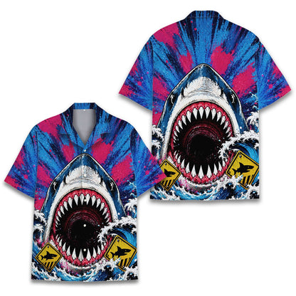Third lifestyle view showing the vibrant blue and pink colors of the shirt