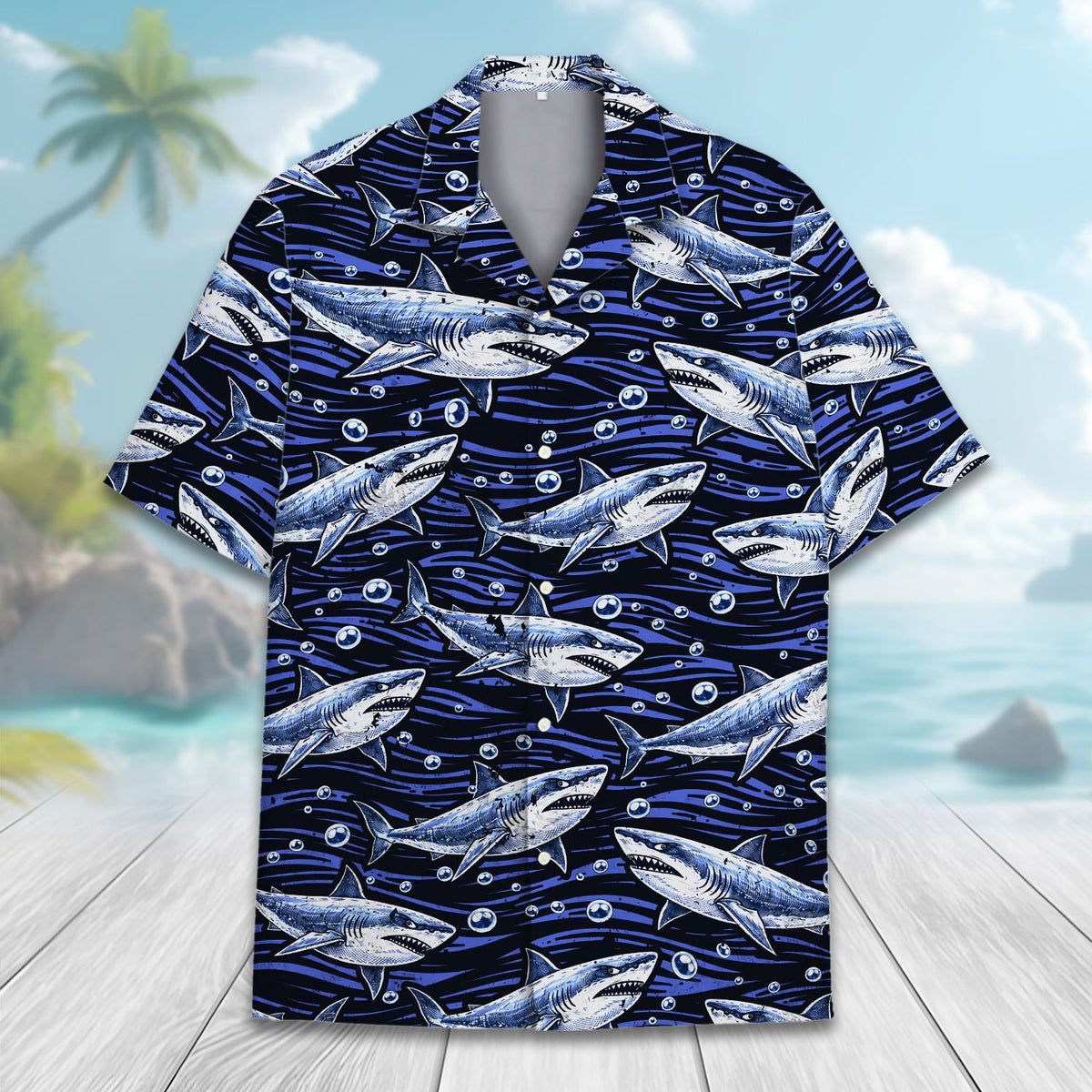 Family matching outfits with navy shark hawaiian shirts, lifestyle beach view