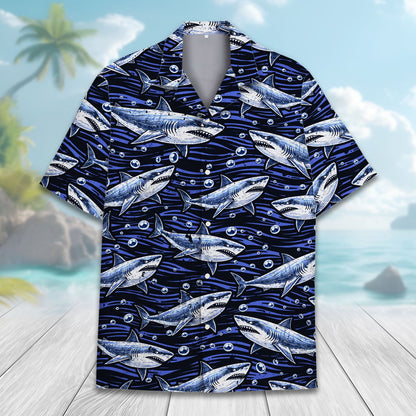 Family matching outfits with navy shark hawaiian shirts, lifestyle beach view