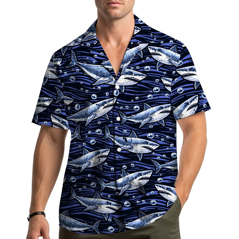 Navy shark hawaiian shirt worn outdoors, lifestyle view