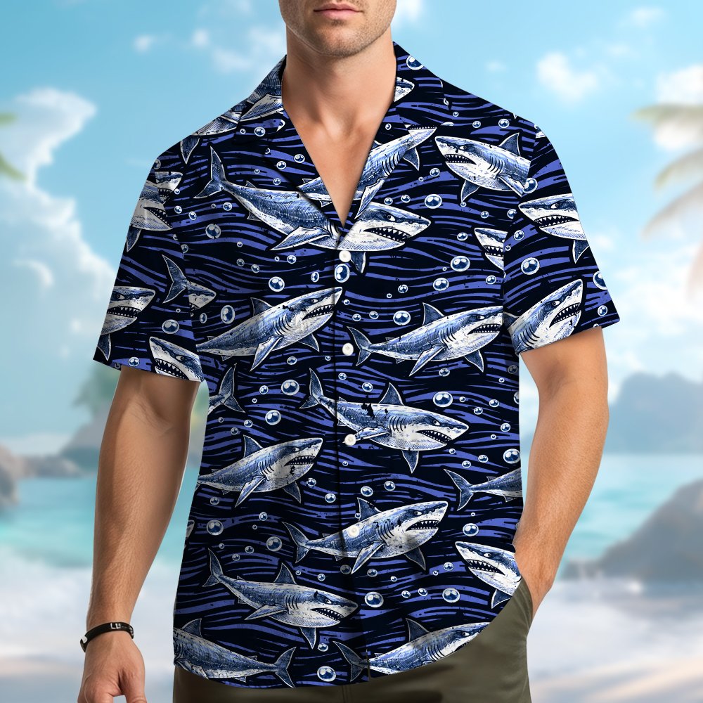 Navy shark hawaiian shirt family lifestyle setting