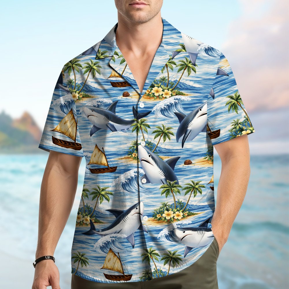 Lifestyle view of the matching family hawaiian shirts outdoors
