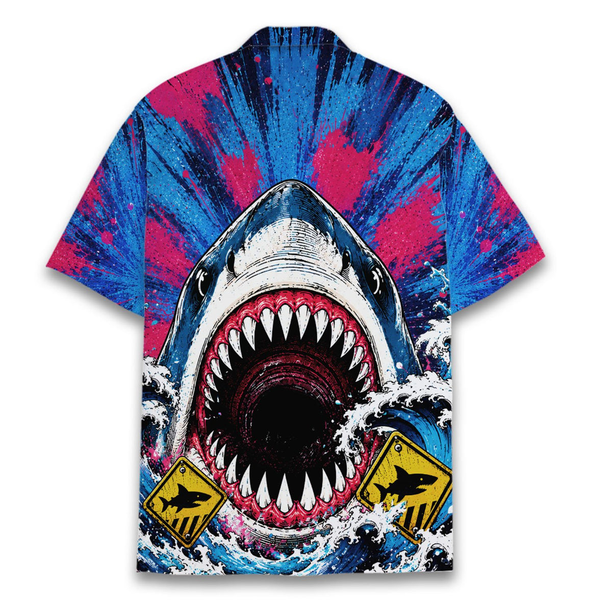 Lifestyle view of a person wearing the shark hawaiian shirt outdoors