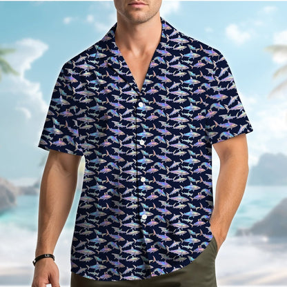 Lifestyle view of the navy shark print hawaiian shirt being worn