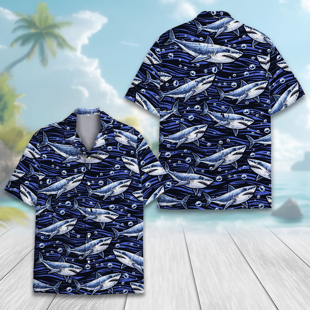 Matching family hawaiian shirts featuring a navy shark print, lifestyle view on family
