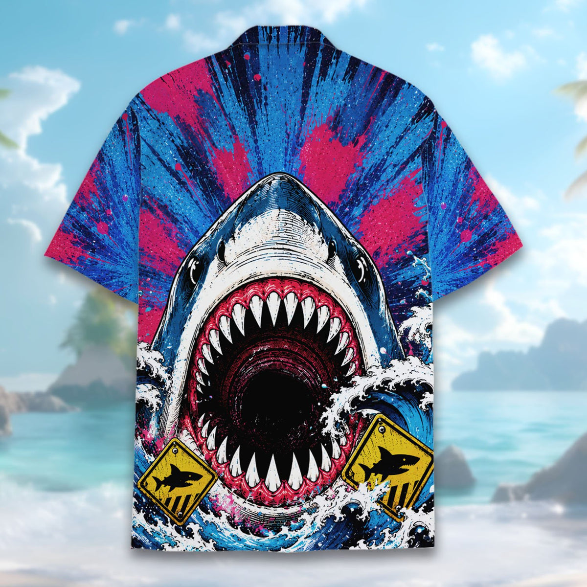 Detailed view of the shark graphic and warning signs on the shirt