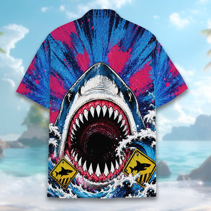 Detailed view of the shark graphic and warning signs on the shirt